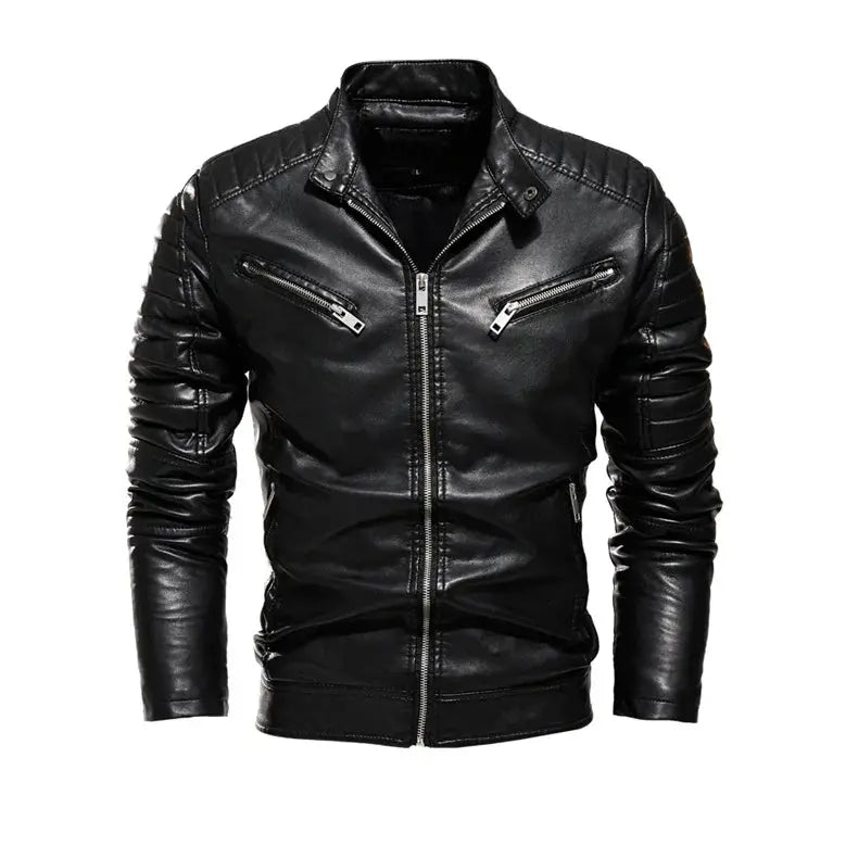 Men's black leather motorcycle jacket with zip front, quilted shoulders and sleeves, and chest zip pockets