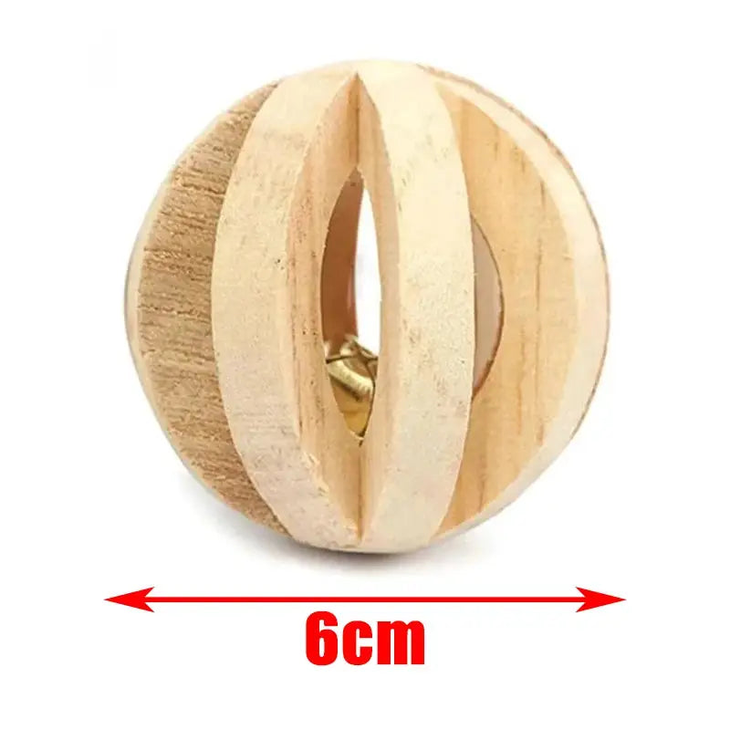 Natural wooden pine ball toy for guinea pigs, rabbits, and hamsters; hollow center with bell, 6 cm diameter