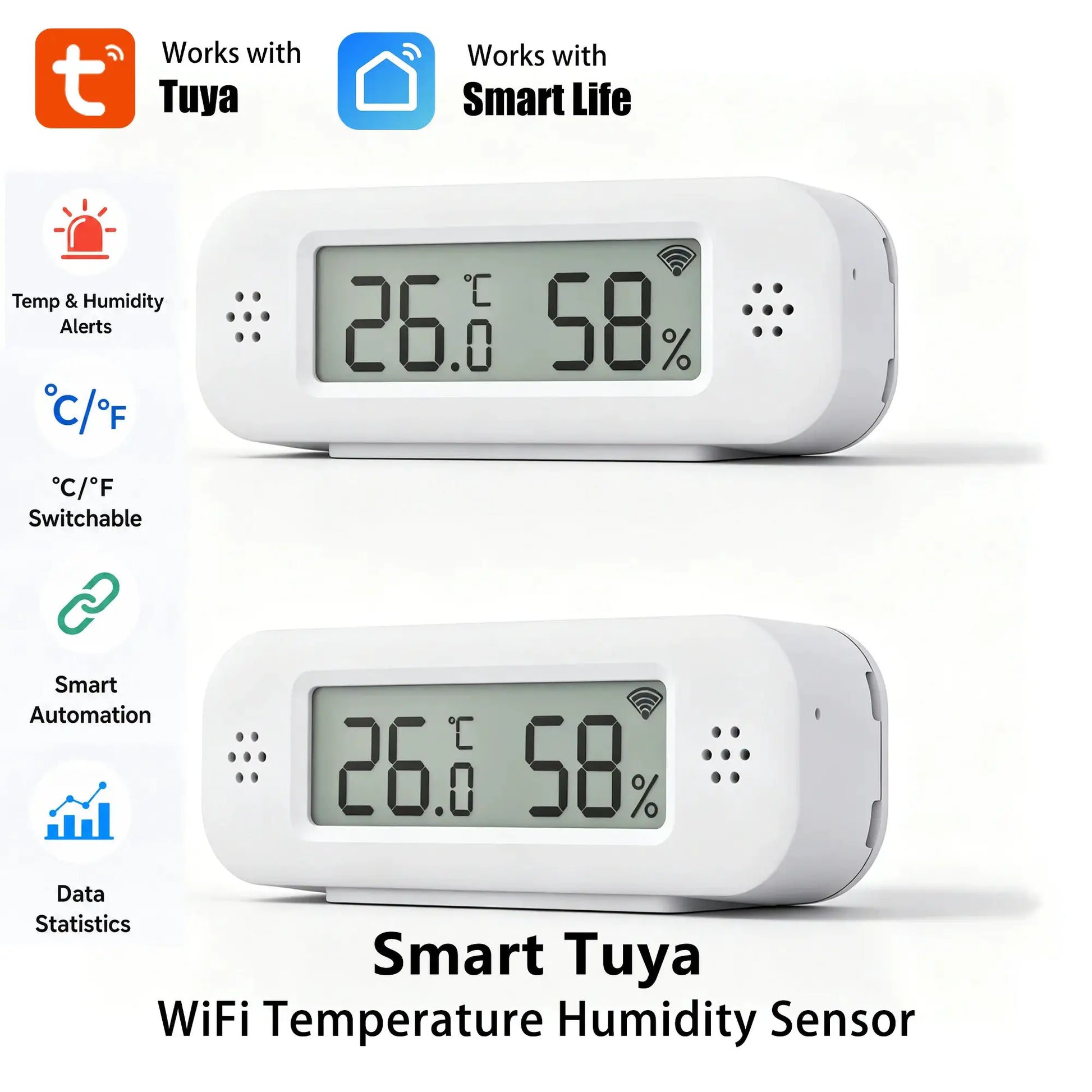 Tuya WiFi Temperature Humidity Sensor, white with LCD readout showing 26.0°C and 58% humidity