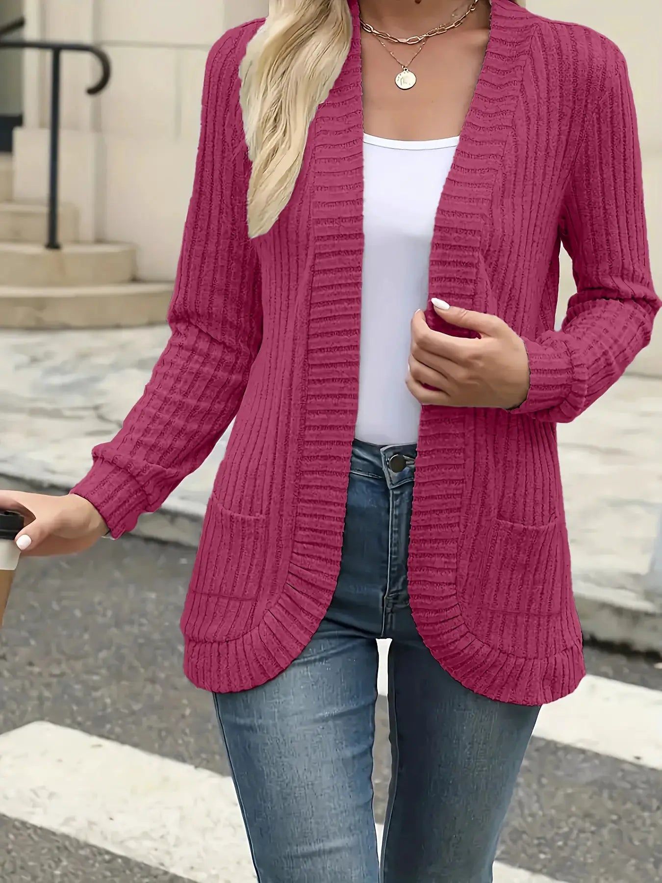 StyleNest Solid Color Brushed Pinstripe Cardigan Jacket For Women With Cozy Warmth And High Stretch Knit