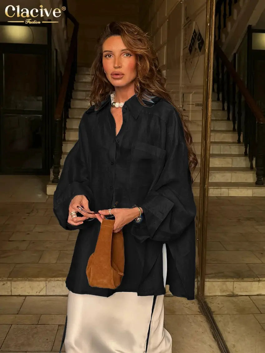Clacive Fashion loose blue women's blouse with lapel collar, long sleeves, solid navy.