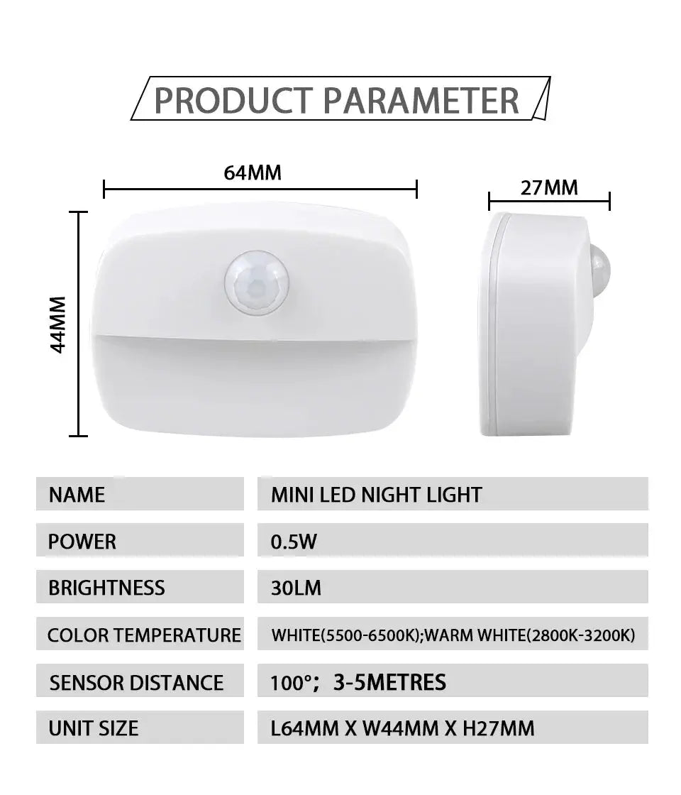 Mini LED night light with motion sensor, battery-powered white cabinet/bedside lamp.