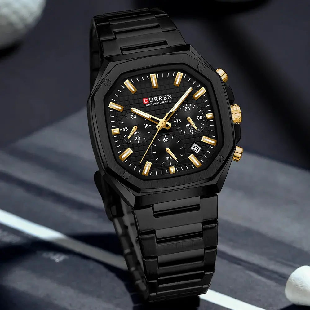 CURREN men's square stainless steel chronograph watch with date, black band and gold-tone accents