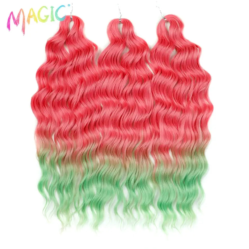 Anna synthetic hair 24-inch water-wave crochet braiding extensions in red-to-green ombre, 3 bundles