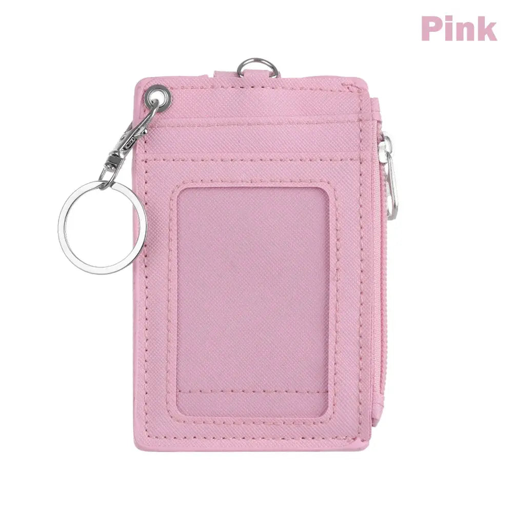Pink PU leather mini wallet with clear ID card slot and attached keyring