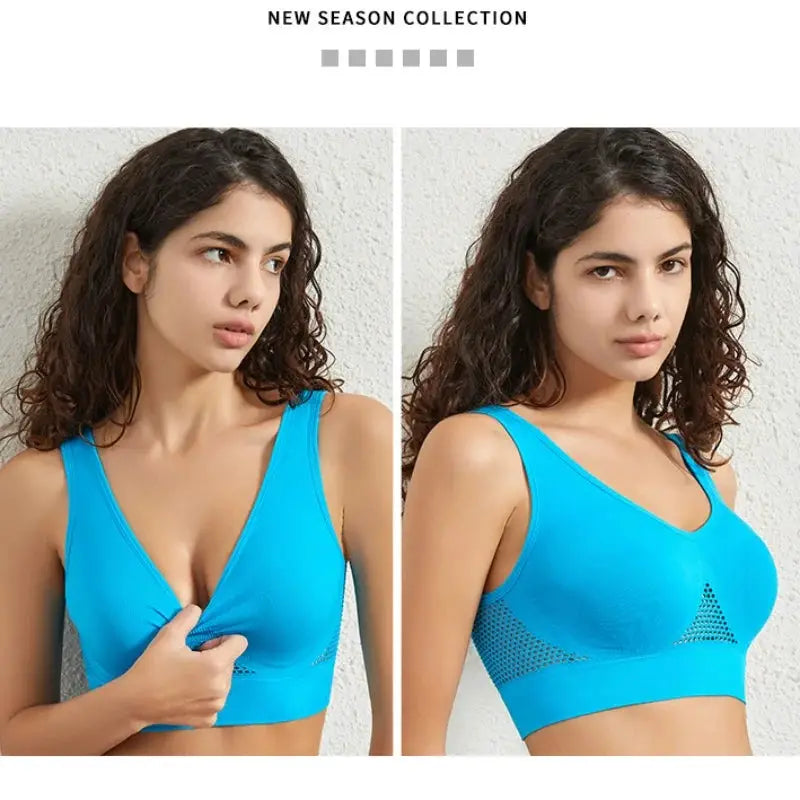 Simples Market women's plus-size breathable mesh sports bra in blue, seamless non-wire with ribbed fabric and panels