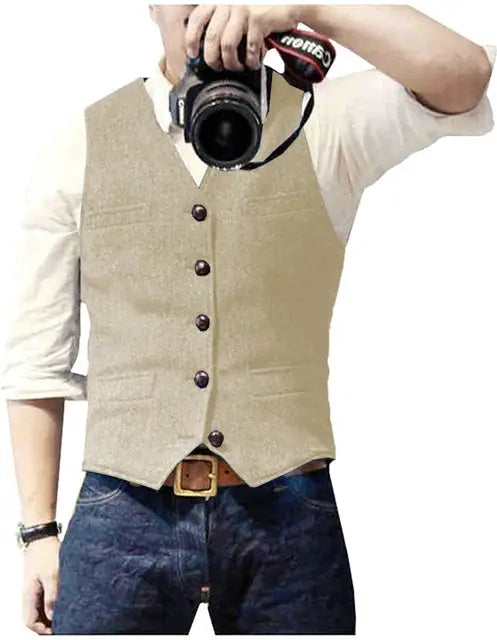 Men's beige herringbone tweed waistcoat, V-neck, slim-fit formal vest for wedding groomsmen