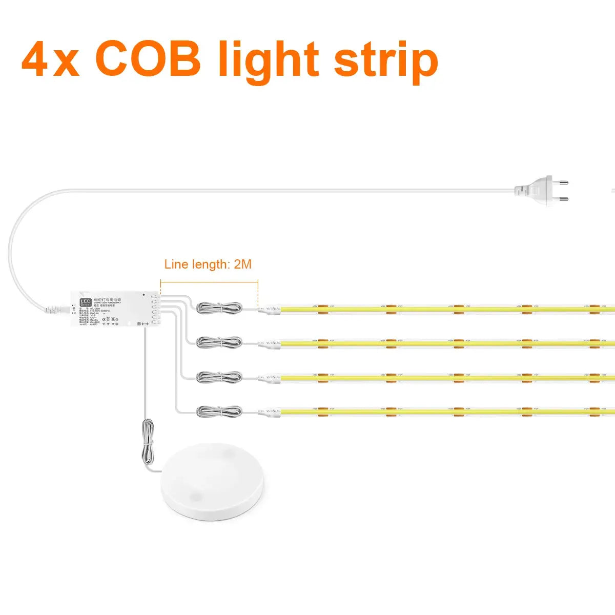 Simples Market LED COB light strip kit with 4× 2m strips, touch dimmable wall lamp, power adapter.