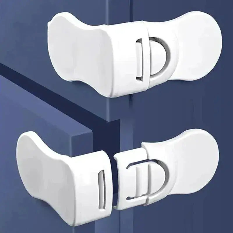 Baby Safety Drawer Cabinet Locks by Simples Market, white plastic anti-pinch latch pair for childproofing cabinets.