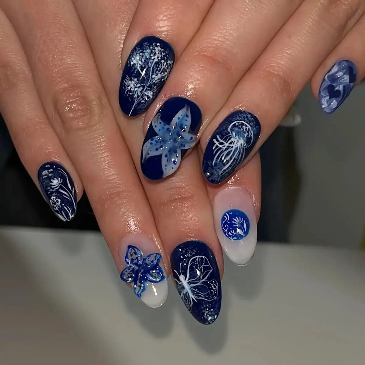 GlamNail Pink Almond Press On Nails Full Coverage Carved Flower 3D Ripple French Tips Golden Pearl Finish
