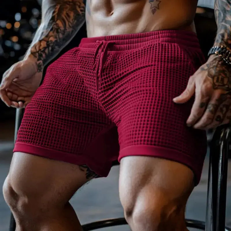 Men's oversized stretch waffle-knit shorts, burgundy red, elastic waist, quick-dry gym wear