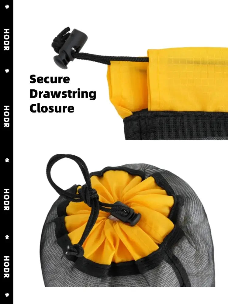 HODR mesh stuff sacks: yellow drawstring-closure pouch with black mesh bag for camping and hiking storage.