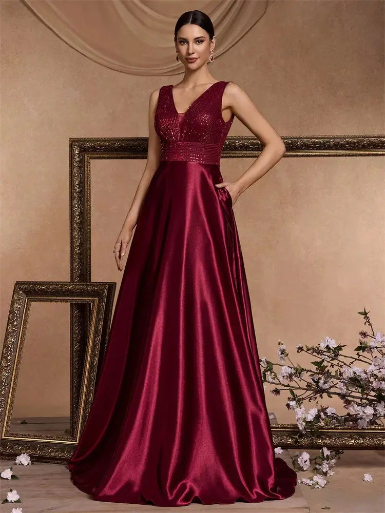 Emerald Green Sequin Evening Dress V Neck Satin Prom Floor Length