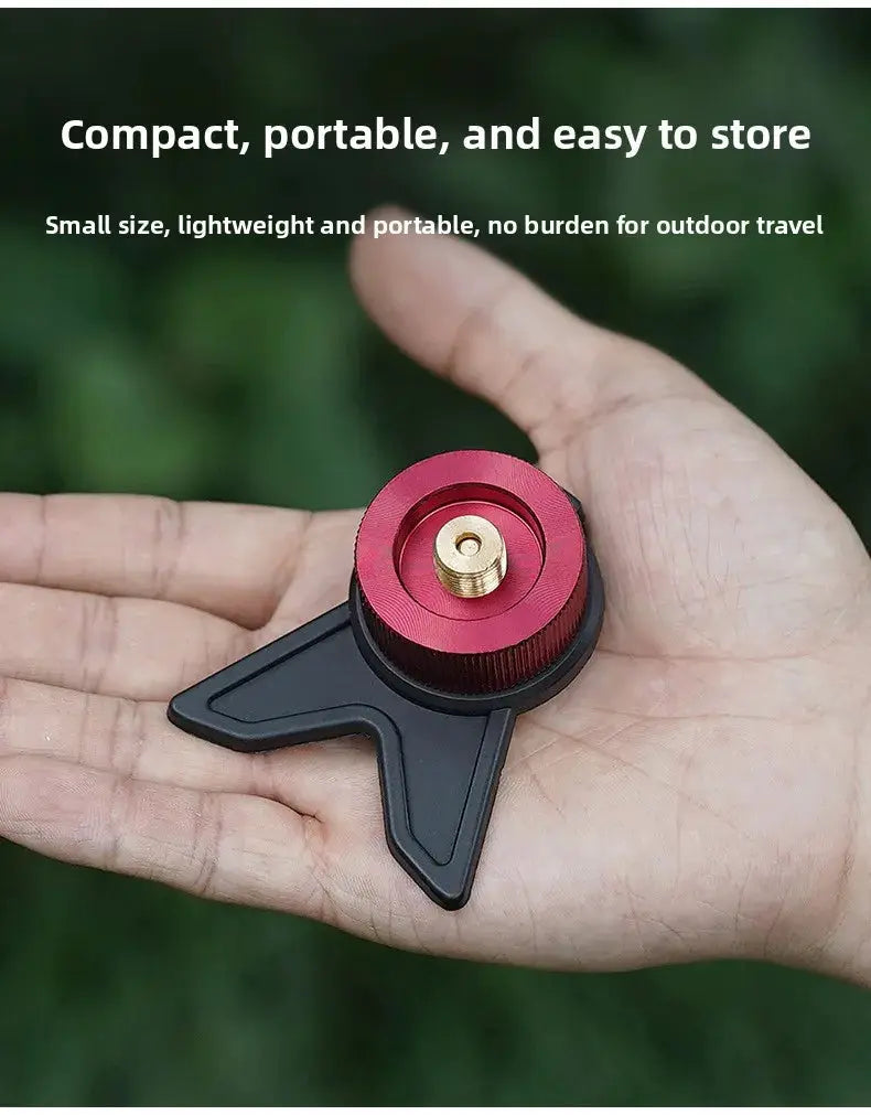 Compact butane adapter with bracket; red knob, brass output nozzle, black plastic body
