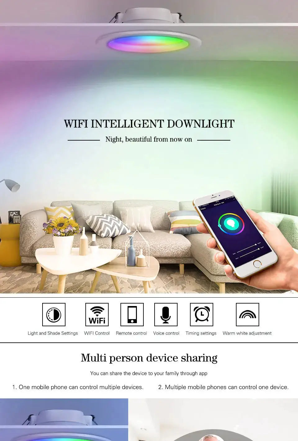 WiFi smart RGB downlight with app and voice control, dimmable LED spotlight