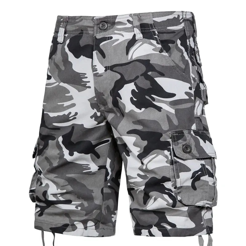 Men's camouflage cargo shorts by Simples Market, gray camo cotton with side pockets.