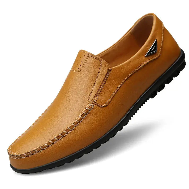 Men's genuine leather loafers by Simples Market, tan slip-on moccasin with black sole