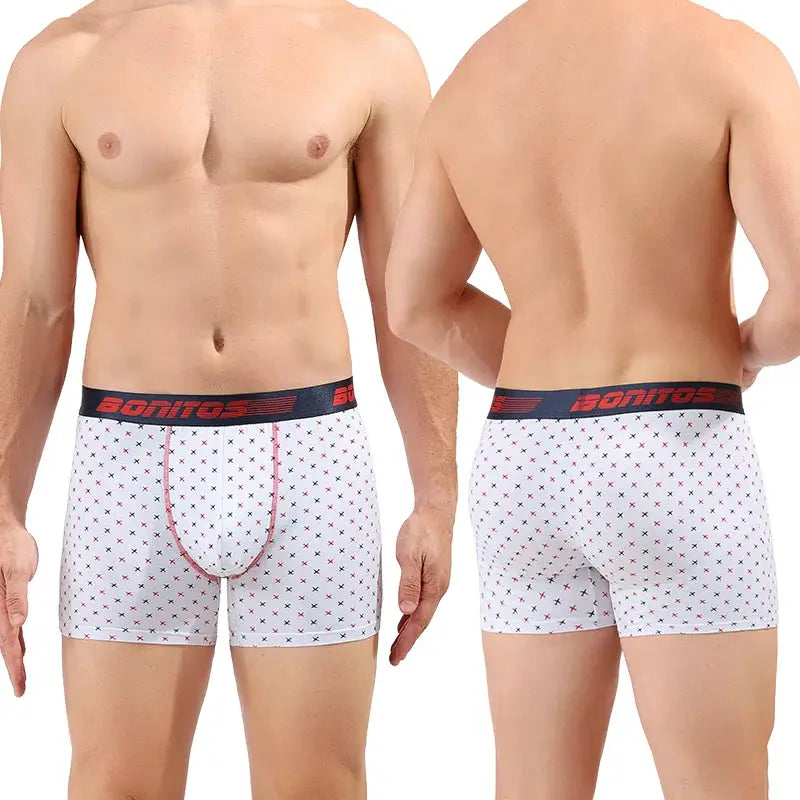 Men's cotton print boxers; white with red X pattern and navy Bonitos waistband; set of 2