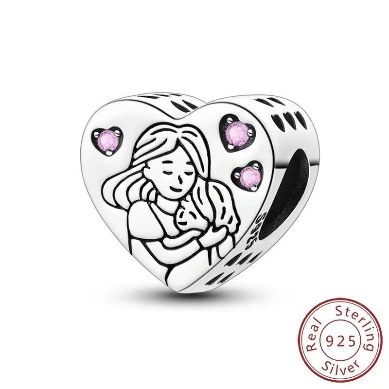 Mother's Day 925 Sterling Silver Heart Charms Beads Dangle For Bracelets Love Mom Jewelry Gift