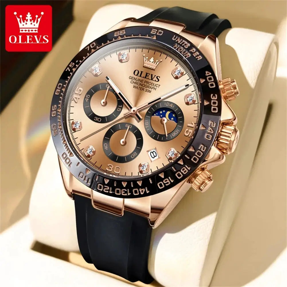 OLEVS men's luxury quartz chronograph watch; rose-gold case, black bezel, silicone strap, moon phase dial