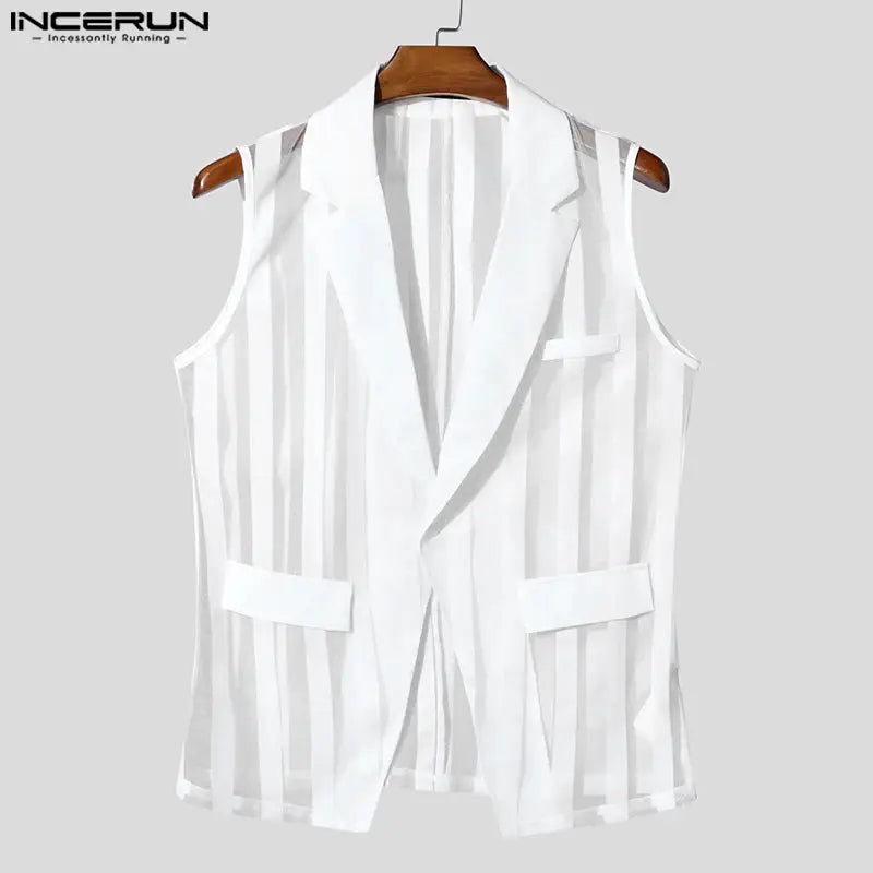 INCERUN men's white striped mesh vest with lapel, sleeveless, two front pockets