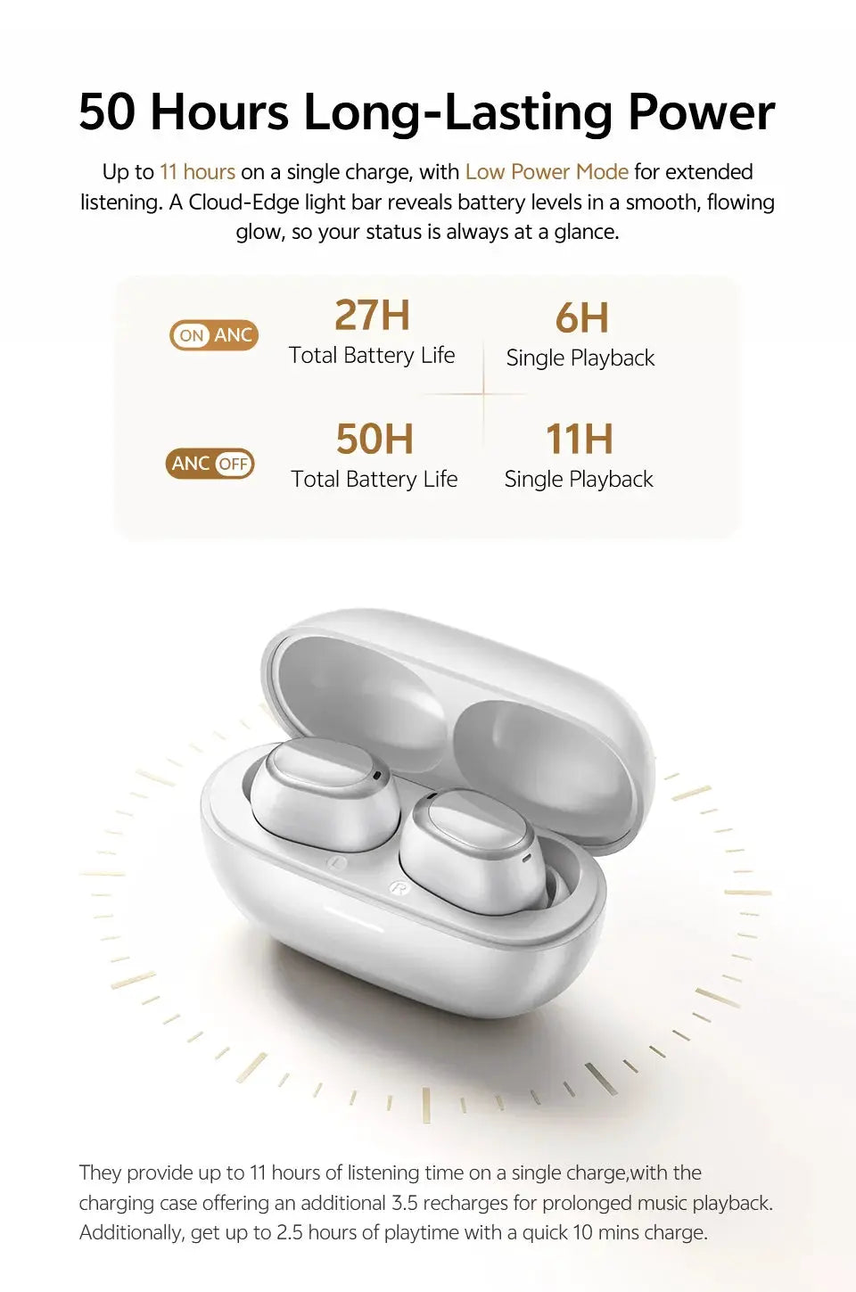 QCY MeloBuds A30 wireless earbuds (2) with white charging case; compact true wireless stereo pair