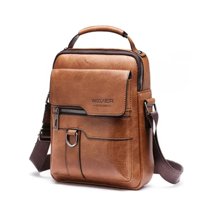 Men's brown leather crossbody bag by WEIXIER with front zipper pocket