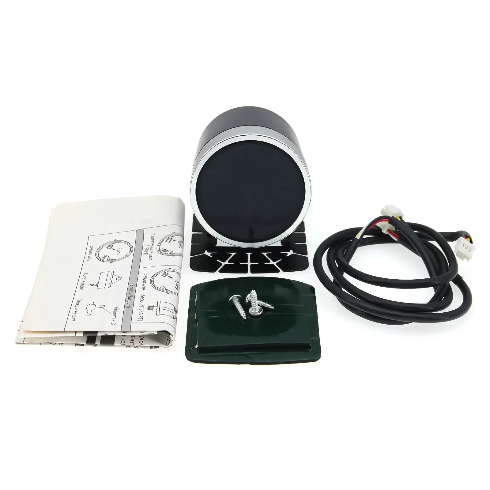 52mm automotive gauge kit with black face and silver bezel; includes wiring harness, mounting bracket, and manual