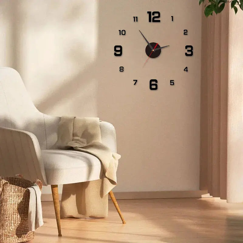 3D Creative frameless DIY wall clock stickers with black numerals on beige living room wall