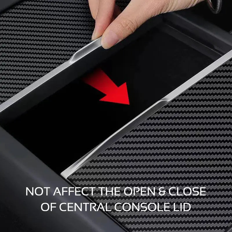 Center console lid protector film for Tesla Model 3 (2024–2026), Simples Market, black with silver trim