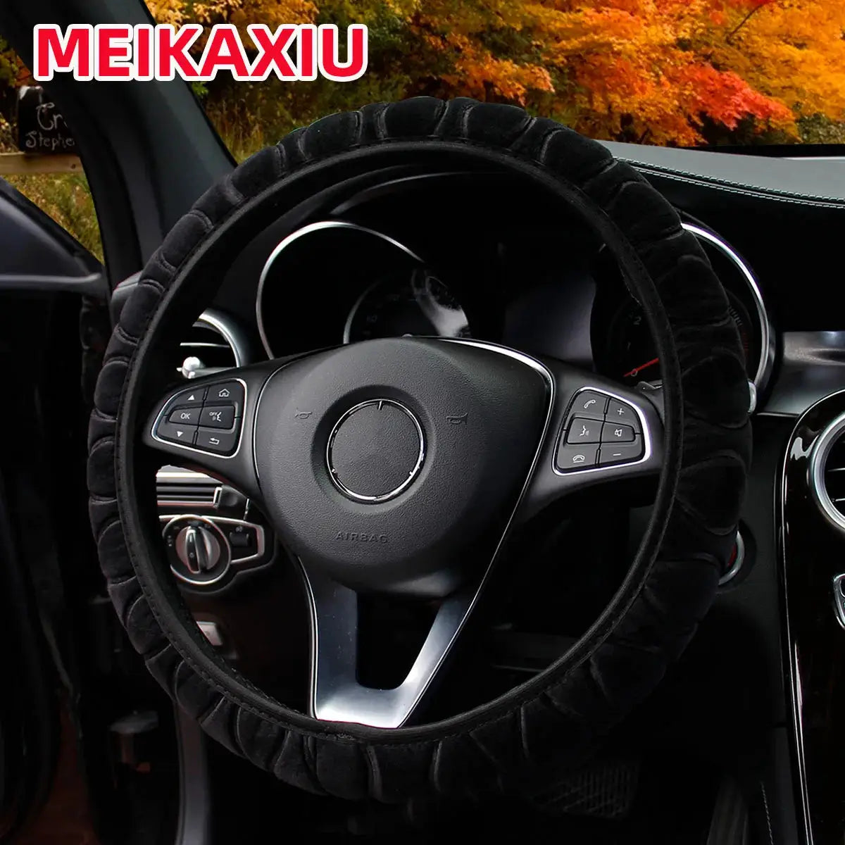 Steering wheel cover plush black fur for 14.5–15 inch wheels, Simples Market
