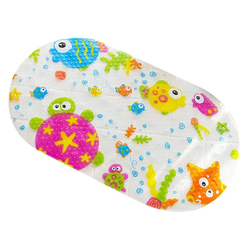 Soft PVC kids bath mat with bright cartoon sea creatures and suction cups, anti-slip design.
