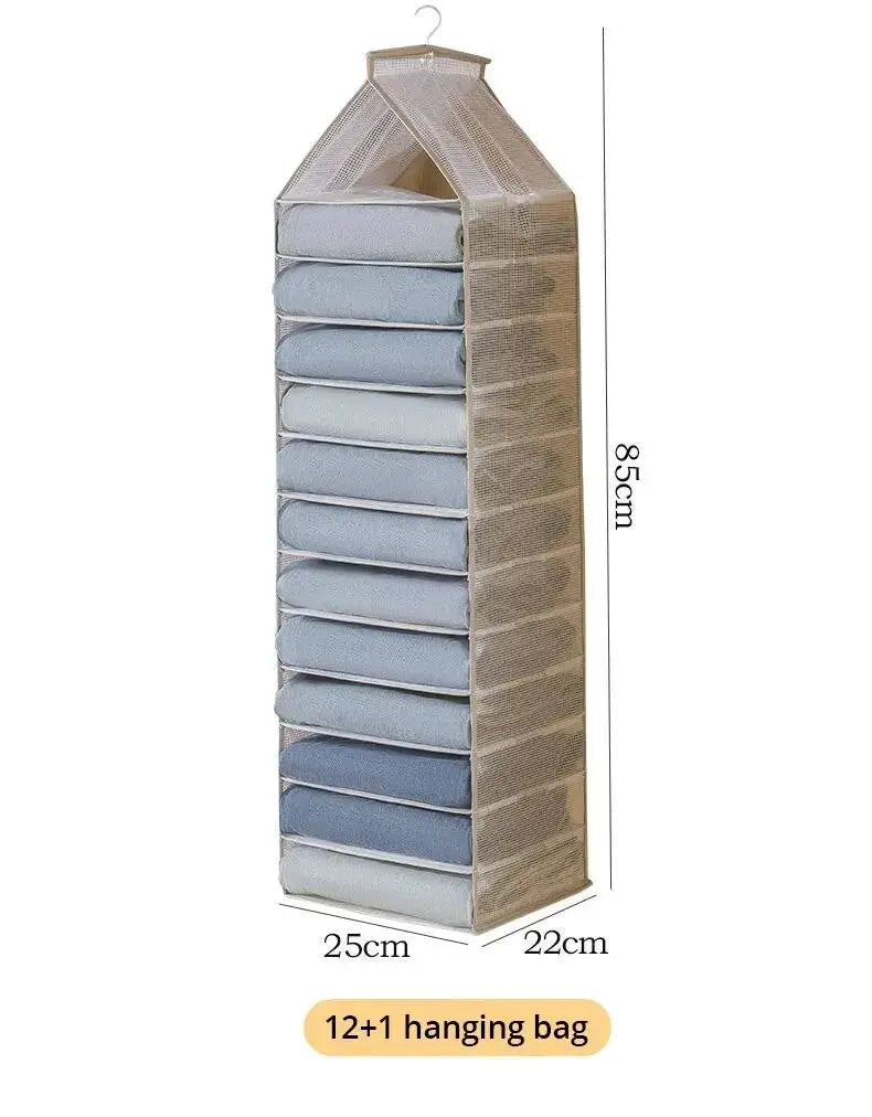 Simples Market wardrobe hanging storage bag with 12 pockets in beige mesh and blue fabric, 85cm tall