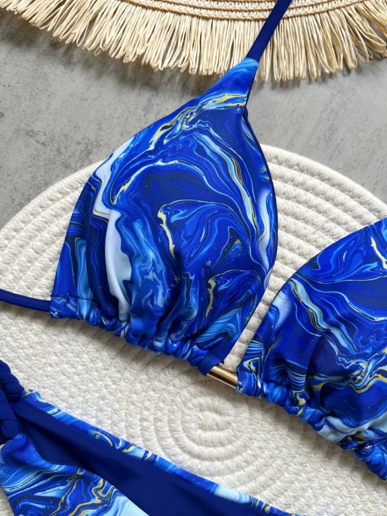 RUOTONSEPT blue marble print halter bikini top with matching high-cut bottoms, two-piece swimwear