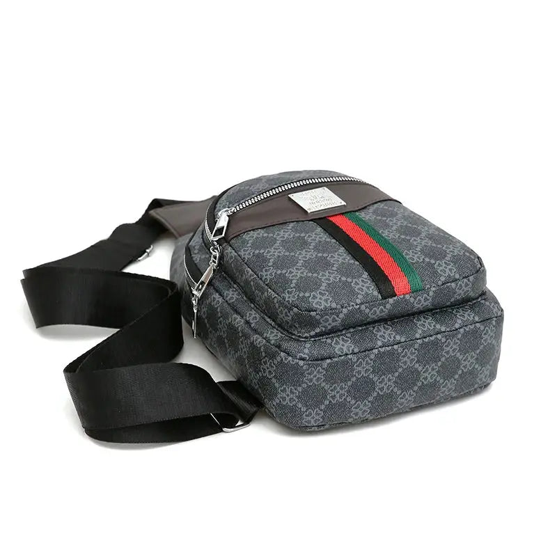 Men's messenger crossbody bag by Simples Market, patterned fabric with a green-red stripe and black adjustable strap.