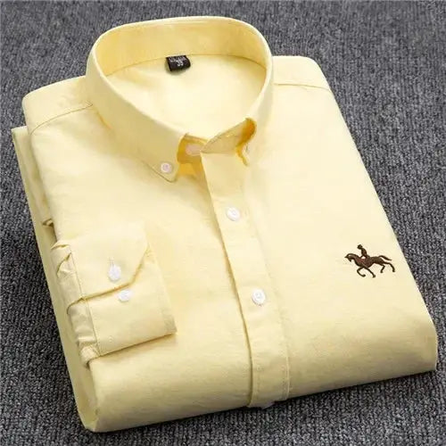 Men's pure cotton Oxford shirt, yellow long sleeve with horse embroidery, button-down, regular fit.