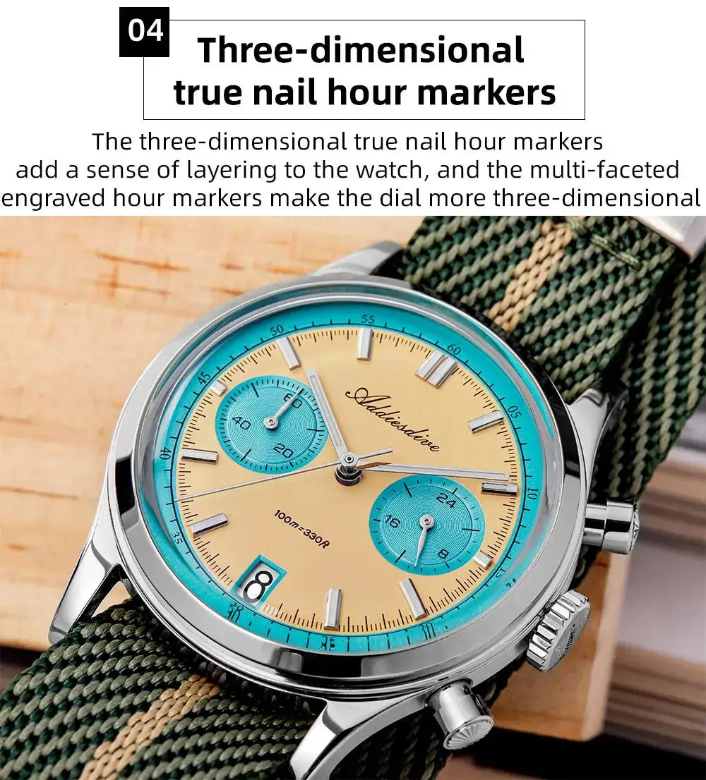 ADDIESDIVE men’s chronograph watch with beige dial, turquoise subdials, steel case, green nylon strap