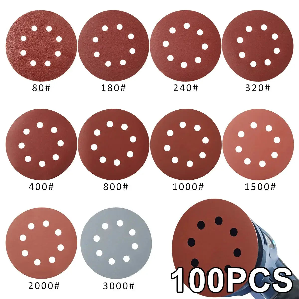 100 Pieces 5 Inch 8 Hole Alumina Sanding Discs For Metal Wood Glass Car Polishing Abrasive Tool