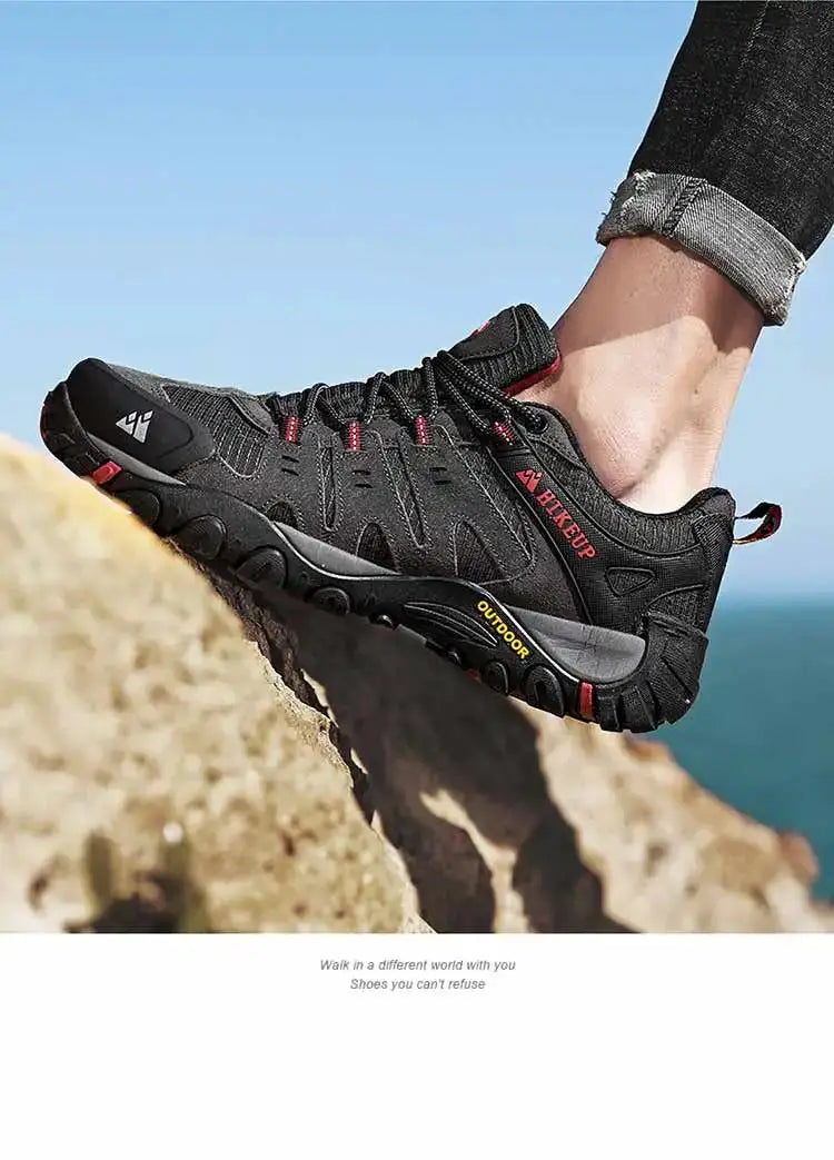 HIKEUP men's suede leather hiking shoes, black with red accents and rugged outsole.