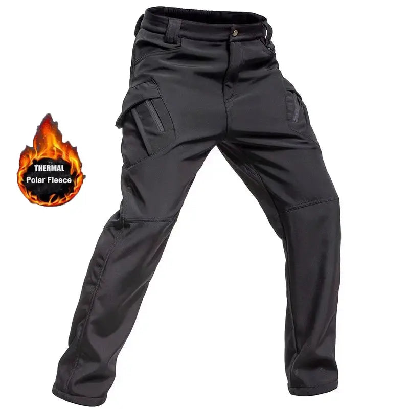 Men's black cargo fleece-lined softshell hiking pants with side cargo pockets