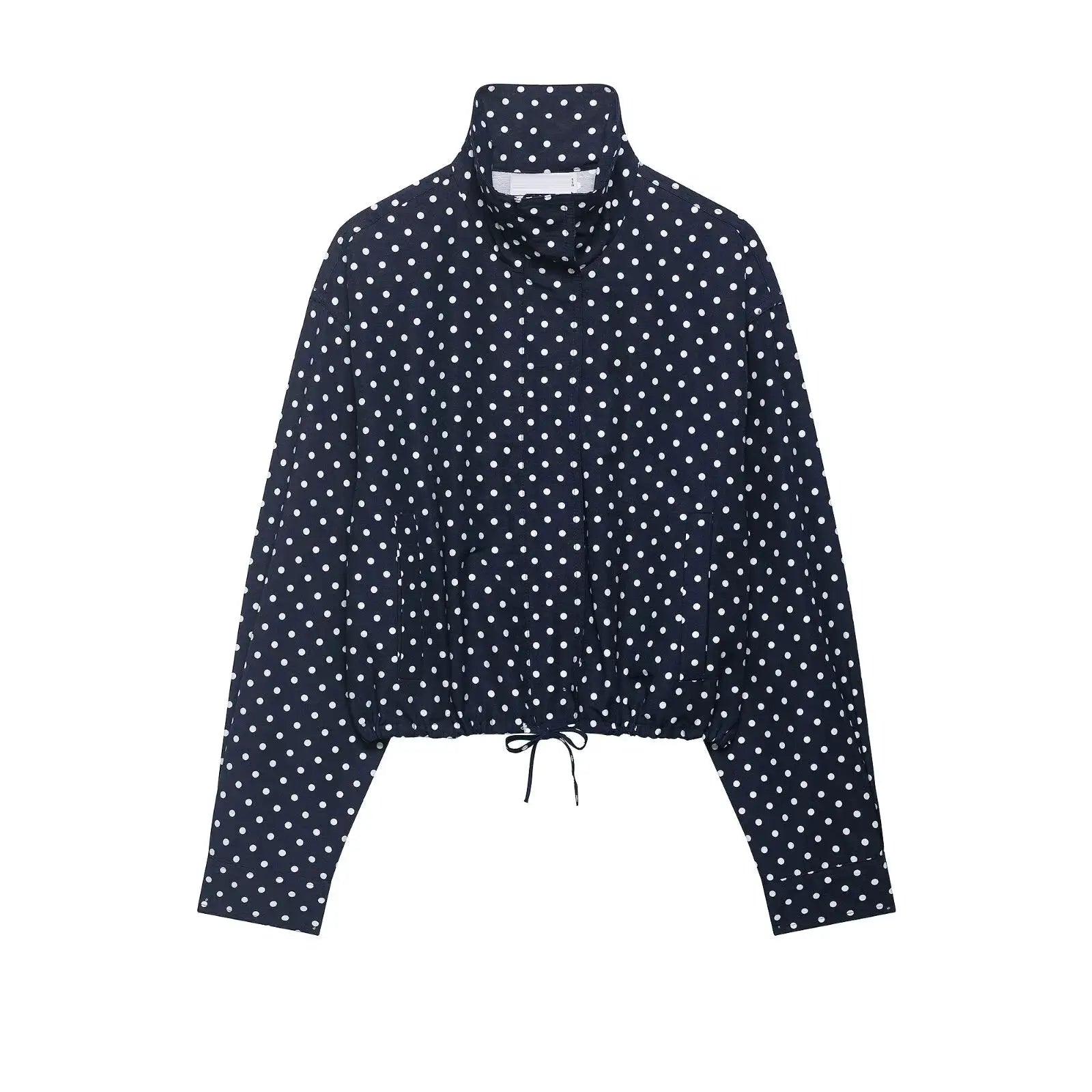 Women's Polka Dot Print Short Coat With Zipper Front Turtleneck Pockets And Drawstring Waist