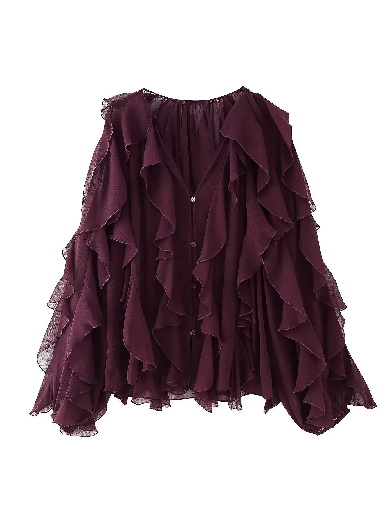 YENKYE burgundy semi-sheer ruffle blouse with long sleeves and V-neck front button closure