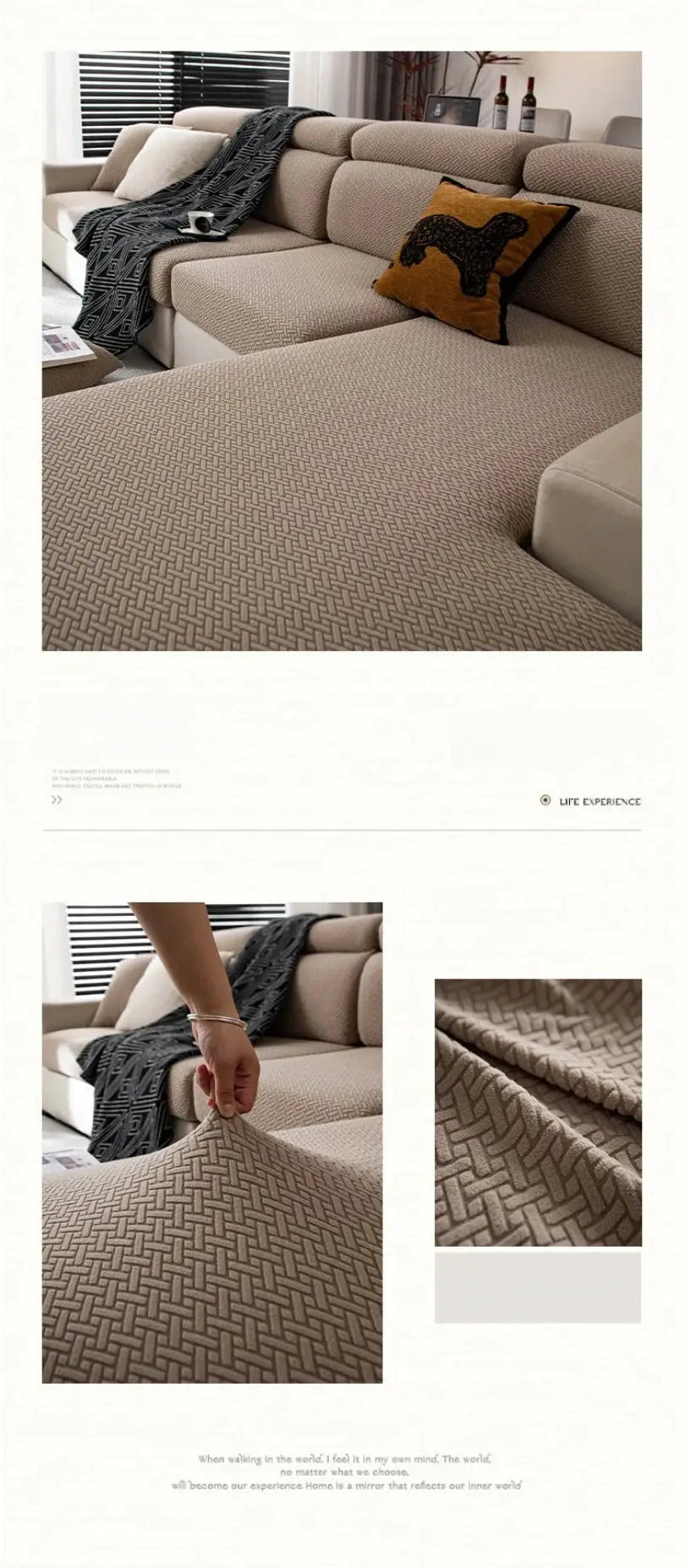 Stretchy polar fleece sofa slipcover for 3/4-seat sectional, beige woven pattern