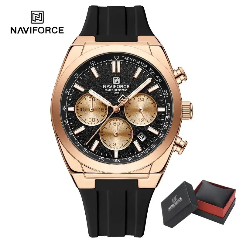 NAVIFORCE men's chronograph watch with rose gold case, black dial, gold subdials, 30m water resistant silicone strap