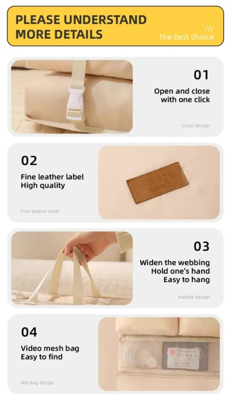 Business Travel Storage Hanging Bag beige fabric foldable with buckle strap and mesh pocket