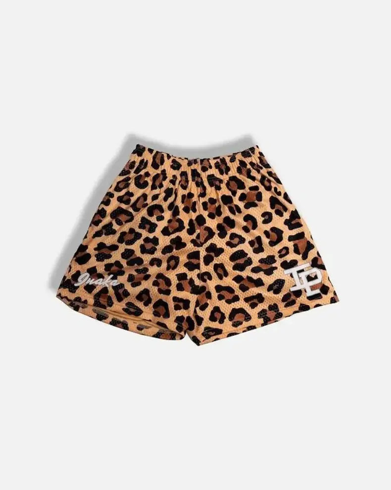 Leopard print men's athletic shorts with elastic waistband and quick-dry breathable mesh