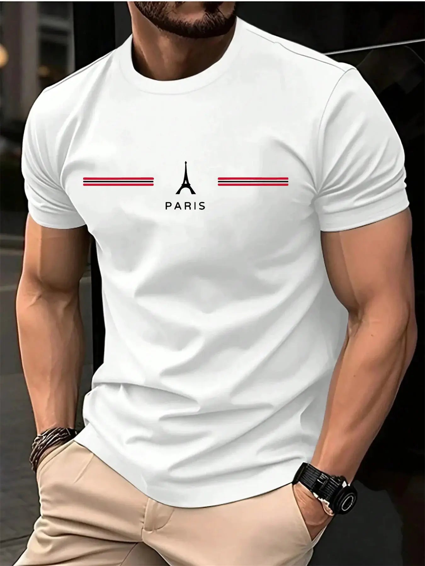 Men's 100 Percent Pure Cotton Summer Loose Oversized Casual T Shirt With Paris Letter Print Round Neck Short Sleeves