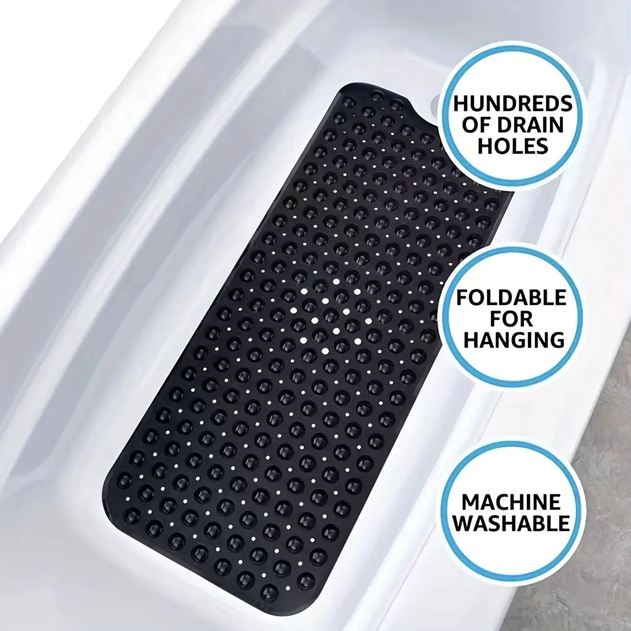 Non-slip shower mat by Simples Market with drain holes and suction cups, machine washable.