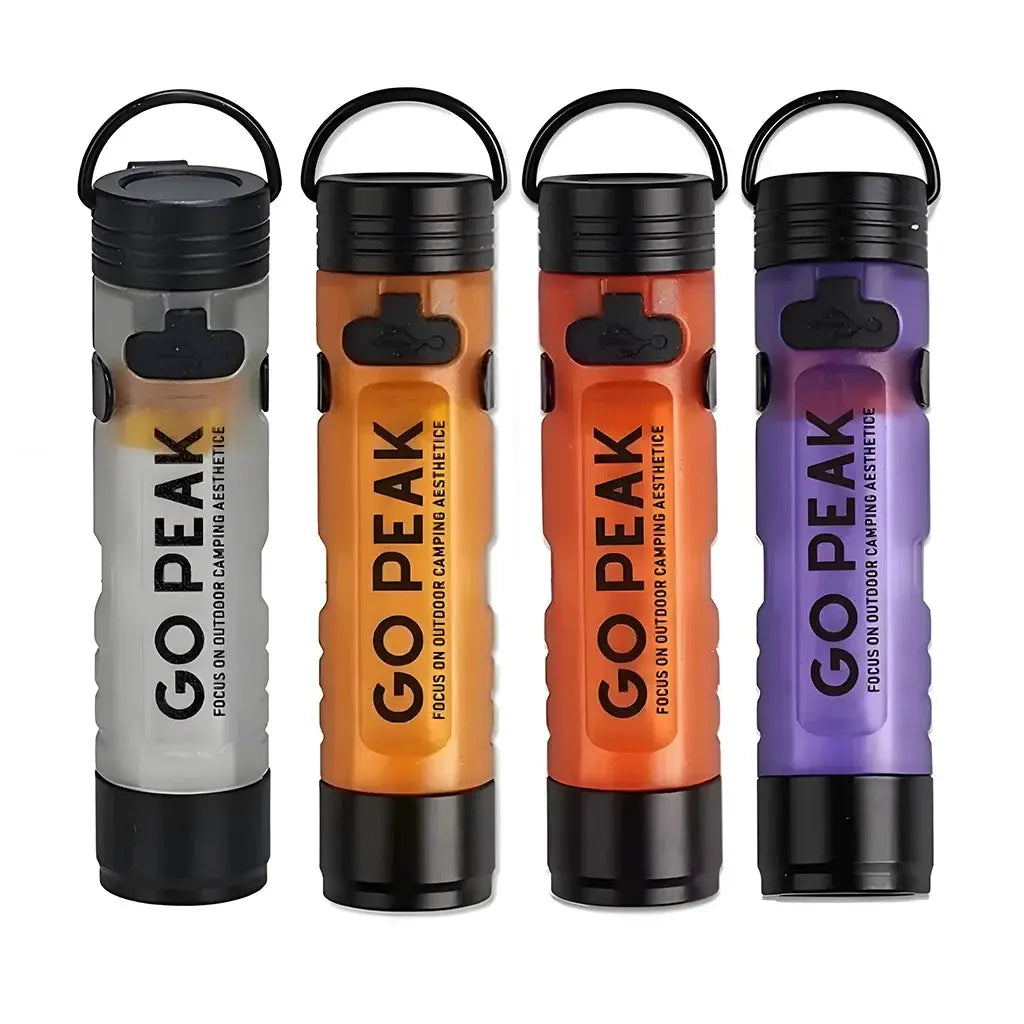 GoPeak mini pocket LED flashlights set of four in gray, orange, red-orange and purple; USB rechargeable.