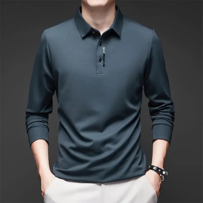 Men's long-sleeve polo shirt, solid blue-gray, breathable versatile business-casual top